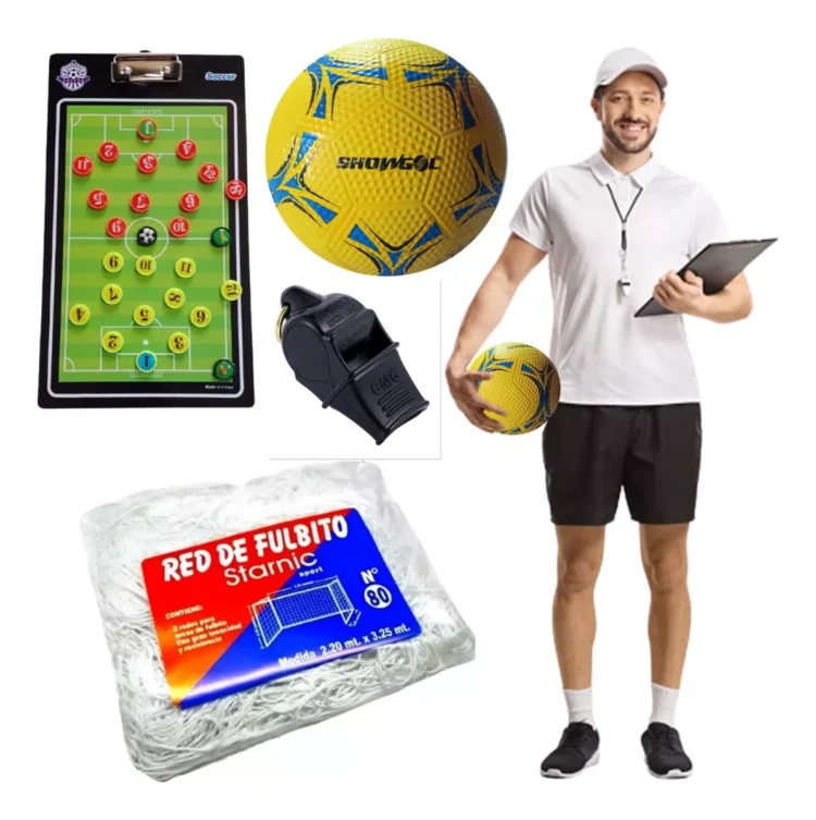 Kit Entrenador Fútbol Tablero Táctico 2 Redes Pelota Silbato
